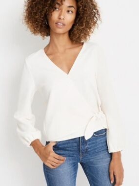 Madewell | Women's Cream Long Sleeve Texture & Thread Crepe Vneck Side Tie Top L